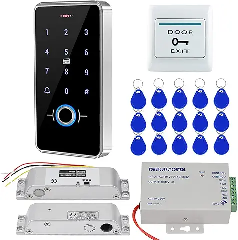 KUMU Sistema de Control de Acceso Biométrico 13,56 MHz IP68 Teclado Impermeable + Fuente de Alimentación + Cerradura Eléctrica + 15 Piezas Juego Completo de Llavero para la Seguridad en el Hogar (con  