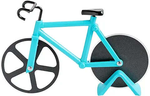 KUONIIY Bicicleta Cortador de Pizza, Rueda de Corte de Acero Inoxidable con Revestimiento Antiadherente con Soporte (Celeste 19cm * 12cm * 4 cm)  