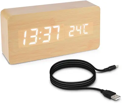 Kwmobile Reloj Despertador Digital con Cable USB - Pantalla LED y Activación Táctil - Indicador de Temperatura y Calendario en Madera y LED Blanca  