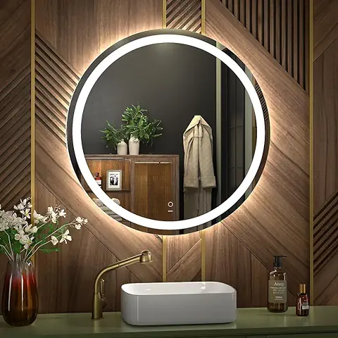 KWW 600 mm LED Bathroom Mirror, Fácil de Instalar Espejo de MMaquillaje Redondo, Temperatura de Color Ajustable, Luz Antiniebla, Espejo Montado en La Pared con Botón Táctil Inteligente  