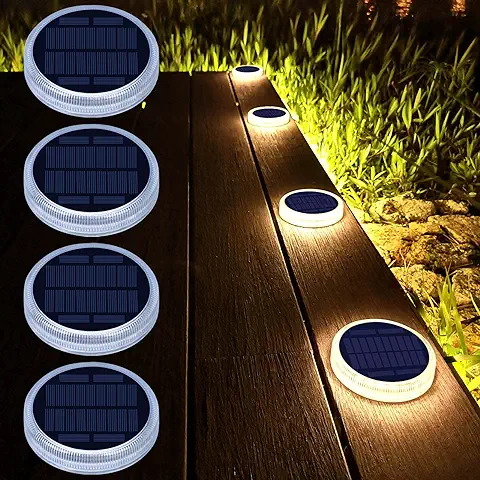 Lacasa 4 Pack Luces Solares Exterior, Lámpara Solar Jardin 24 LED 360° Iluminación IP68 Impermeable Auto ON/OFF Luz Solar del Piso para Step Garaje Camino Deck Entrada Calle Valla - Blanco Cálido  