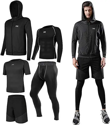 Lachi 5 Piezas Conjunto de Ropa Deportiva Compresion Hombre Camisetas Mallas Running Pantalon Corto Deporte Ropa Secado Rápido Traje Deportivo Elástico Cremallera Suave para Correr Gym Fitness  