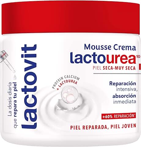 Lactovit - Mousse Crème Hidratante Lactourea para Cuerpo y Cara de 24 Horas Duración, para Pieles Secas y Muy Secas - 400 ml  