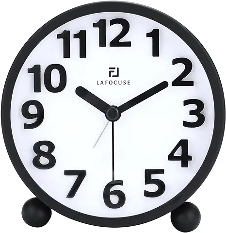 Lafocuse Reloj Despertador Analógico Silencioso con Función Snooze, Metal Negro Numeros Grandes 3D con luz Nocturna, Reloj de Mesa Moderno para Mesilla Dormitorio 10.5cm  