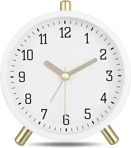 Lafocuse Reloj Despertador Analógico Silencioso, Metal Blanco Leche Classic con Luz Nocturna, Reloj de Mesa Moderno para Mesilla Dormitorio 11cm  