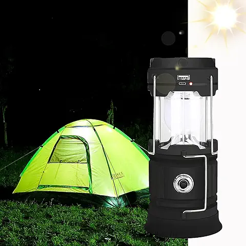 Lampara Camping Recargable Solar, ZVO Linterna de Acampada Plegables Portátiles USB con Mango Plegable, Luz de Emergencia LED IP65 Impermeable para Exterior e Interior/Tienda/Senderismo/Pesca(Negro)  