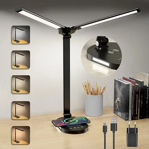 Lampara de Escritorio LED, Cargador Inalámbrico 10W y Puerto de Carga USB, 5 Modos, 5 Niveles de Brillo, Regulable Lampara Escritorio Plegable, Flexo LED Escritorio con Control Táctil, Cuidado Ocular  