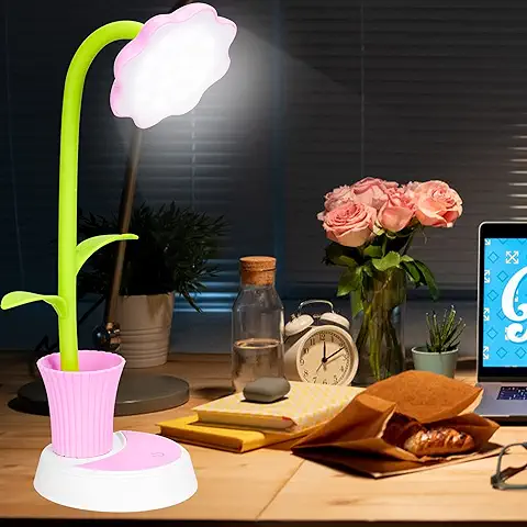 Lampara Escritorio LED, Flexo de Escritorio, Lámpara Escritorio con Panel Táctil, Lámparas de Mesa USB Regulable Recargable, Lámpara con Portalápices para Trabajo, Leer, Estudiar, Protege a Ojos(Rosa)  