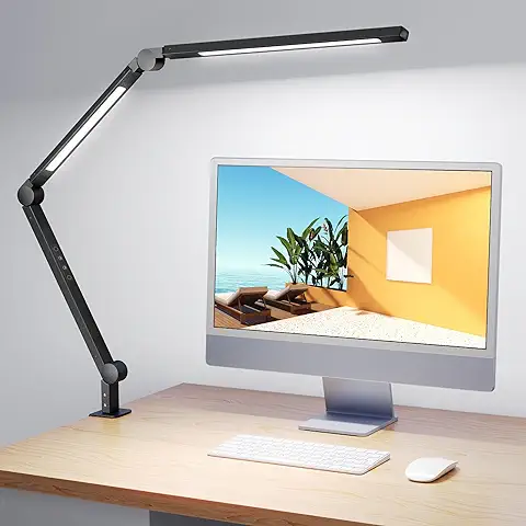 Lampara Escritorio LED, Fuente de Luz Dual Flexo de Escritorio Brazo Oscilante Abrazadera, LED 4 Modos de Color et 4 de Brillo, Control Tactil, de Mesa para Trabajo, Estudiar  