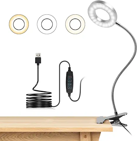 Lampara Lectura con Flexo Pinza 8W LED Luz Lectura Escritorio Cuidado Ocular, 3 Modos de Luz y 10 Brillo Ajustable, 360° Flexible USB Regulable Lámpara para Libro, Tablet, Camping (Plateado)  