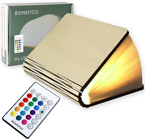 Lampara Libro Plegable de Madera con Mando, 16 Colores y Temporizador – BONNYCO | Lamparas Mesilla de Noche Ideal Decoracion Casa y Habitacion | Regalo Original Cumpleaños, Navidad y Amigo Invisible  