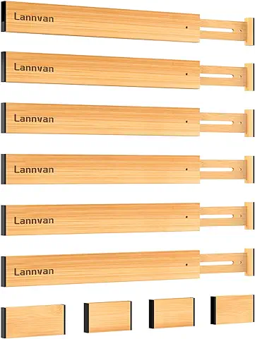 Lannvan 6 Piezas Separadores de Cajones, Separador Cajones Ajustable de Bambú, Organizador de Cajones de Cocina con Resorte para Cocina, Cómoda, Baño, Dormitorio, Oficina, 42.8-56.3 cm, Naturaleza  