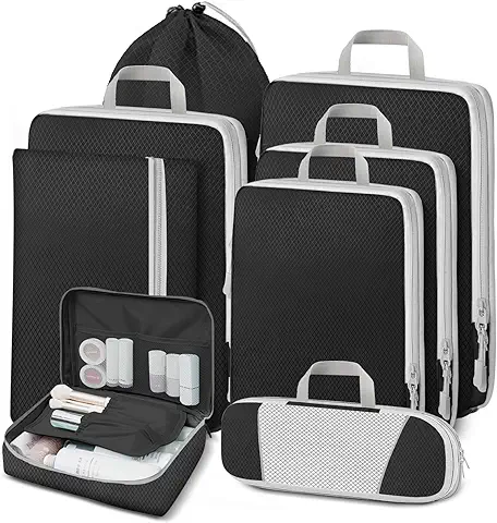 Lannvan Organizador Maleta,Set 8 en 1 de Compression Packing Cubes,Bolsas Organizadoras Viaje,Organizador Equipaje,Organizador Mochila Viaje,Organizador de Maletas para de Viaje,Ropa,Cosméticos,Negro  