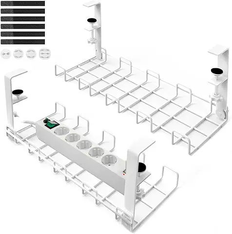 Lannvan Bandeja Organizador Cables Escritorio - Juego de 2 Organizador de Cables sin Taladros - Cable Management - Recoge Cables Mesa Escritorio - Soporte de Cables con Abrazadera - Blanco  