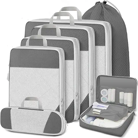 Lannvan Organizador Maleta,Set 7 en 1 de Compression Packing Cubes,Bolsas Organizadoras Viaje,Organizador Equipaje,Organizador Mochila Viaje,Organizador de Maletas para de Viaje,Ropa,Cosméticos, Gris  