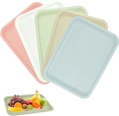 LANSKYLAN 5 PCS Bandejas para Servir Comida Bandejas Rectangulares de Plástico Mini Bandeja Cocina Bandeja de Desayuno Bandejas Plastico Hosteleria para Comedor Cafés Cocina (30.5 * 23cm, 5 Colores)  