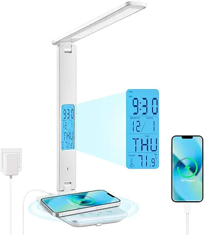 LAOPAO Lámpara de Escritorio, Lámpara de Mesa LED con Carga Inalámbrica Wireless y Puerto USB, Control Táctil 5 Niveles de Brillo Regulable Lámpara de Oficina Flexible para Trabajo, Estudio y Lectura  