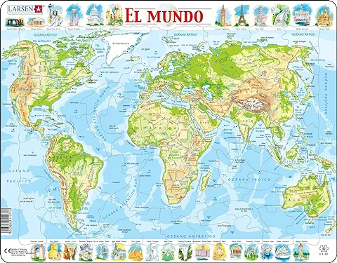 Larsen K4 El Mapa Físico del Mundo, Edición en Español, Puzzle de Marco con 80 Piezas  