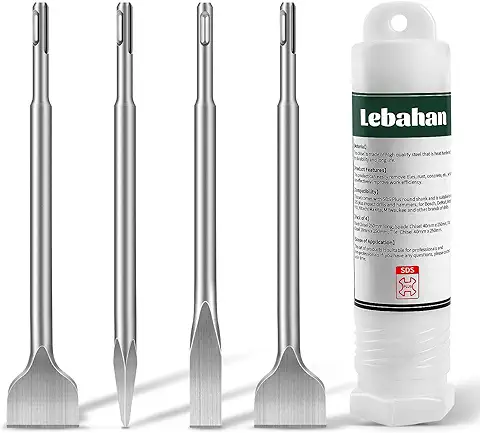 LEBAHAN Cincel SDS Plus, 4 Piezas,1 x Cincel Puntiagudo, 1 x Cincel Plano, 2 x Cinceles para Azulejos, Cincel Profesional para Todos Los Martillos de Impacto y Rotativos SDS Plus  