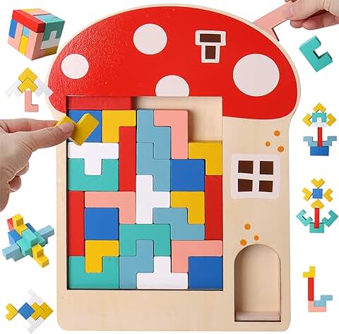 LEcylankEr Puzzle Tetris de Madera para Infantil, Rompecabezas de Tangram 3 en 1, Juguetes Montessori para 3-7 Años, Puzzle 3D Juguetes Educativos Regalos para Niños Niñas (Hongo)  