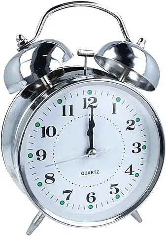 LEDLUX Despertador Campana, Reloj Despertador de Mesita con Doble Campana, Despertador Rumoso Clásico, Modelo Grande, Color Plateado (120 x 170 x 55 mm)  