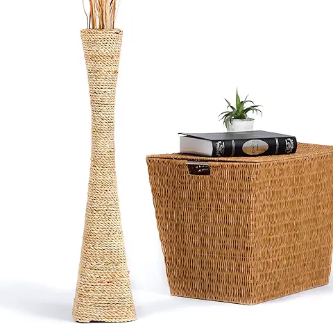 LEEWADEE Jarrón Grande para el Suelo – Florero Alto y Hecho a Mano de Bambú y Rafia, Recipiente de pie para Ramas Decorativas, 70 cm, Color Natural  
