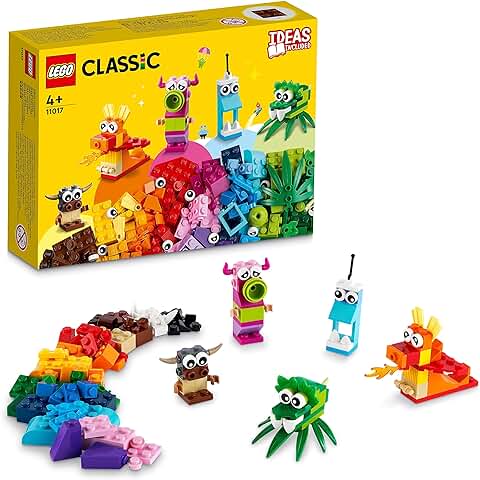 LEGO 11017 Classic Monstruos Creativos, Caja de Ladrillos para Construir, Juguete para Niños de 4 Años, Set para Crear 5 Mini Figuras de Colores  