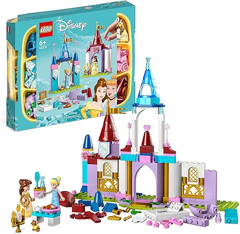 LEGO 43219 Disney Princess Castillos Creativos, Juguete de Construcción con Mini Muñecas de Bella y Cenicienta, Juego Portátil con Caja de Almacenamiento, Regalos para Niñas y Niños  