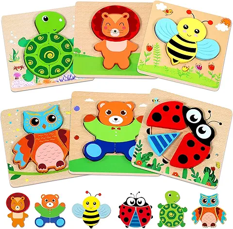 Lenbest 6pcs Puzzle Madera - Juguetes Madera Niños 1 año - Juguetes Montessori 1 año - Juegos Educativos - Animales de Puzzle Madera - Regalo Cumpleaños Navidad para 2 año Niños  