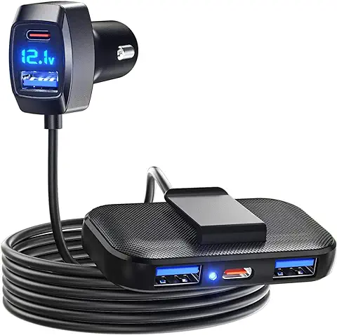 LENCENT 5 Puertos Cargador de Coche, Adaptador para Coche 31W Máx, 3 USB A y 2 Tipo C para Móvil, Cargador USB para Encendedor de Cigarrillos con Cable de 1.5M para Carga en el Asiento Trasero  