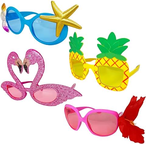 Lentes Fiesta Hawaiana Luau- 4 Piezas Divertidas Gafas sol Hawaianas, Accesorios Gafas Fiesta Tropical, Divertidos Regalos Fiesta Verano Niños Adultos, Decoración Suministros Fiesta Temática de Playa  