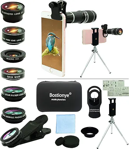 Lentes para Teléfono Móvil,10 en 1 Kit con 20X Teleobjetivo,0.63 Angulo Ancho+15x Macro+198°Ojo Pez+2X Telefoto+Caleidoscopio+CPL/Starlight/Eyemask/Tripod, For Mayoría Universal Smartphones  