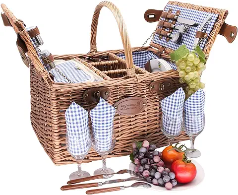 Les Jardins de la Comtesse - Cesta de Picnic de San Germain Vichy azul - Complet- 4 Personas - Compartimento Nevera Isotérmico - Caseras para 3 Botellas - Platos de Cerámica - 48 x 35 x 26 cm  