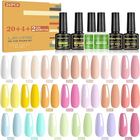 LEVIPE 26 Pcs Esmalte Semipermanente Gel UV LED, 20 Colores de Pintauñas Semipermanentes para Uñas con 1 Base, 1 Top Coat Brillante y 1 Mate, 1 Brilla en la Oscuridad, 2 Removedor de Esmalte, 8ml  