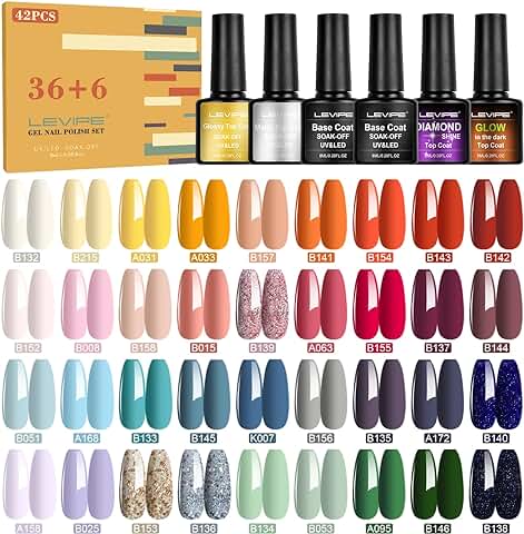 LEVIPE 42 Pcs Esmalte Semipermanente para Uñas Gel UV LED, 36 Colore de Pintauñas Semipermanentes con 2 Base, Top Coat Brillante y Mate, capa Superiores de Diamante y Brilla en la Oscuridad  