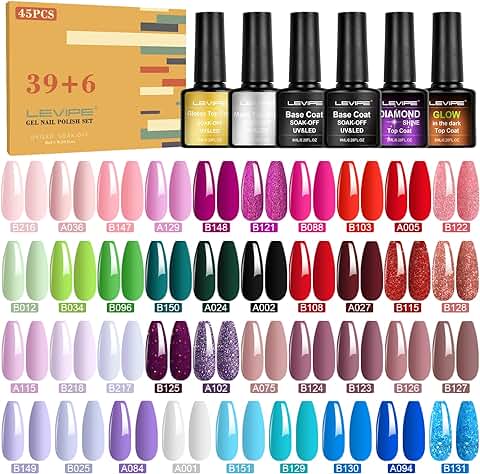 LEVIPE 45 Pcs Esmalte Semipermanente para Uñas Gel UV LED, 39 Colores de Pintauñas con 2 Base, Top Coat Brillante y Mate, capa Superiores de Diamante y Brilla en la Oscuridad  