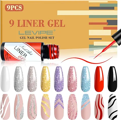 LEVIPE Juego de Esmaltes de Uñas de Gel Pintado, Gel de Arte Lineal, 9 Colores Negro Blanco Rojo, Champán Azul Plata Oro Púrpura Purpurina, Arte de Uñas, Pintura de Gel, Herramientas de Manicura  