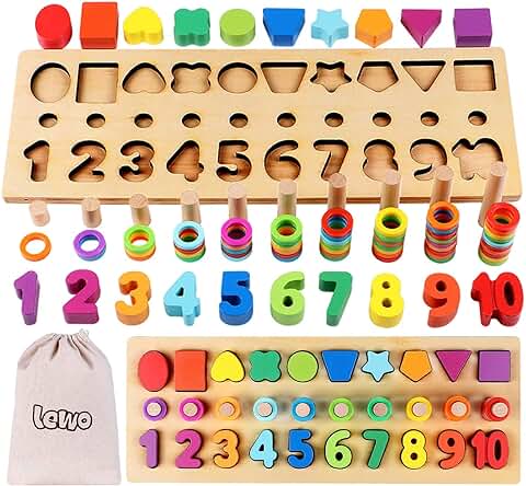 Lewo 3 en 1 Rompecabezas de Números de Madera Juguetes Montessori Juego de Conteo Bloques de Apilamiento Matemático Stem Juguetes Educativos para Niños de 3 4 5 Años de Edad Niños Niñas  