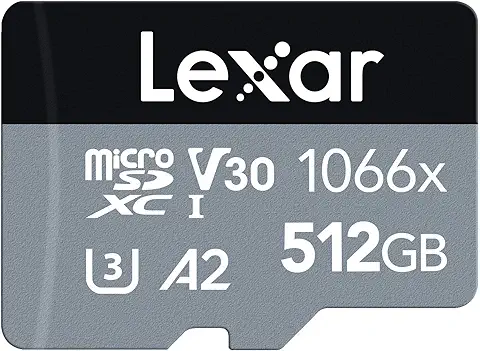 Lexar Professional 1066x Tarjeta Micro SD 512GB, MicroSDXC UHS-I Serie Silver, Incluye Adaptador SD, Hasta 160MB/s de Lectura, para Cámaras de Acción, Drones, Smartphone y Tabletas  