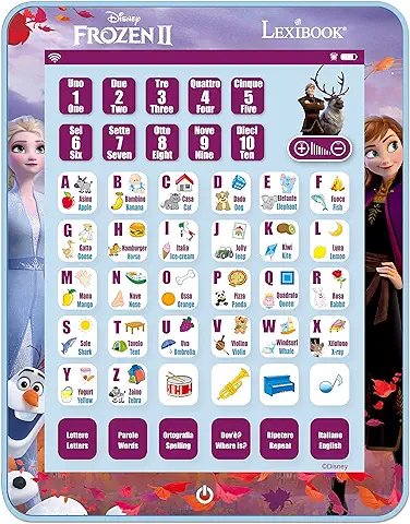 LEXIBOOK JCPAD002FZi5 Frozen Educativo Bilingüe Interactivo Tableta, Juguete para Aprender Letras Números Palabras Ortografía y Música Idiomas Inglés/Italiano, Azul  