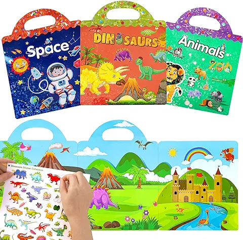 Libros de Pegatinas Impermeables Reutilizables Juguetes para Niños - 3 Pack de Libros de Pegatinas para la edad de 3-6 Años de edad Niños Niñas Niños Animal Dinosaurio de Aprendizaje Educativo Regalo  