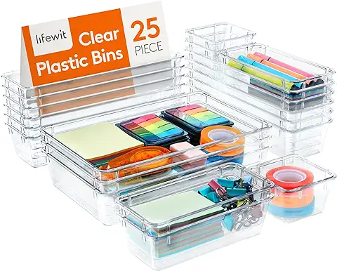 Lifewit Set de 25 Organizadores de Cajones de Plástico Transparente, Separadores de Cajones de Escritorio, Bandejas de Almacenaje, Cajas Separadoras para Maquillaje, Joyas, Dormitorio, Baño, Oficina  