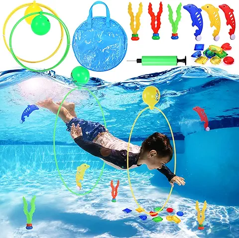 LIHAO Juguetes de Bucear, 20 PCS Juegos de Agua, Juguetes en Piscina con Anillo de Buceo y Bolsa de Almacenamiento, Juguete de Natación en Verano para Niños  