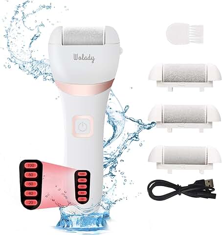 Lima Electrica Pedicura Profesional Recargable Wolady IPX7 Impermeable Eliminar Callos Pies Durezas Cuidado Lima Blanca de Metal, 3 Recambios 5 Niveles Bateria 1200MAH 2 Velocidades  