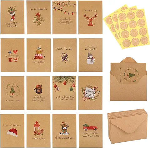 LinjunFa Tarjetas Navidad con Sobres y Pegatina - Pequeñas Tarjetas Felicitacion Navidad, Kraft Tarjetas Navideñas 32 Piezas, Originales Postales Navidad con Decir, Hermoso Christmas Cards Vintage  