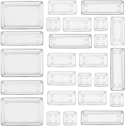 Litimkat 25 Organizadores de Cajones Transparentes con Cajas de Almacenamiento de Plástico de 4 Tamaños,Organizadores de Cosméticos Transparentes Antideslizantes para Baño,Tocador,Cocina,Oficina  