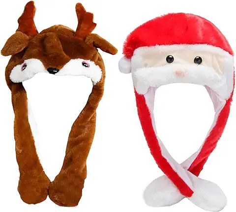 Liuer 2PCS Gorro Navideño para Niño Gorro de Papá Noel de Felpa Suave Oreja Sombrero Oreja Puede Moverse Hacia Gorro de Navidad para Adultos Niño(Papá Noel con Alce)  