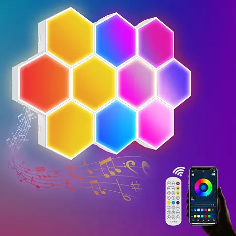 LIUWID 10 Piezas Hexagonal LED Pared Luces 16 Millones Colores Luces RGB Gaming Pared Inteligentes Sincronización Música con Control y App Remoto para la Decoración de la Atmósfera del Juego  