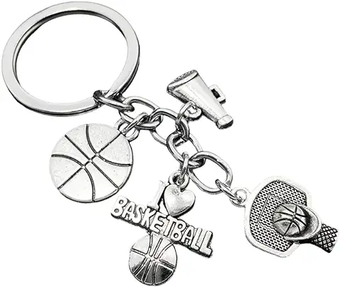 Llavero Baloncesto - Llaveros Básquet con Canasta o Red, Pelota de Baloncesto, Megáfono de Animación y Frase I love Basketball - Llavero para Amantes del Básquet - Llavero para Hombre y Mujer Unisex  