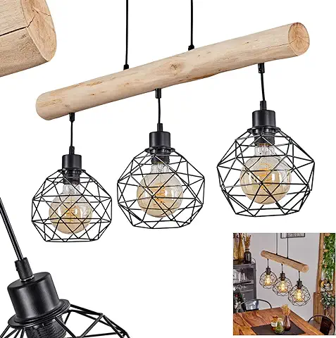 Lámpara colgante Bacabal, lámpara colgante de metal/madera en negro/naturaleza, 3 luces, 3 x E27, lámpara colgante regulable en altura en óptica de rejilla, sin bombilla(s)